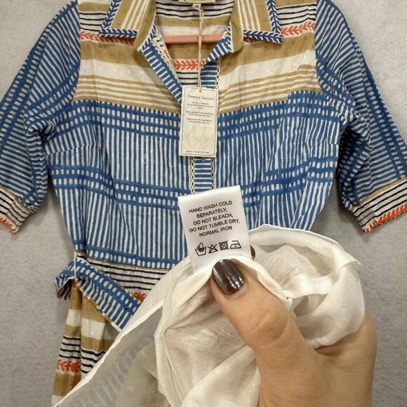 Ash & Eden Shirt Dress Womens Medium Blue Tan Stripe Belted Midi Cotton Collared - Picture 8 of 10
